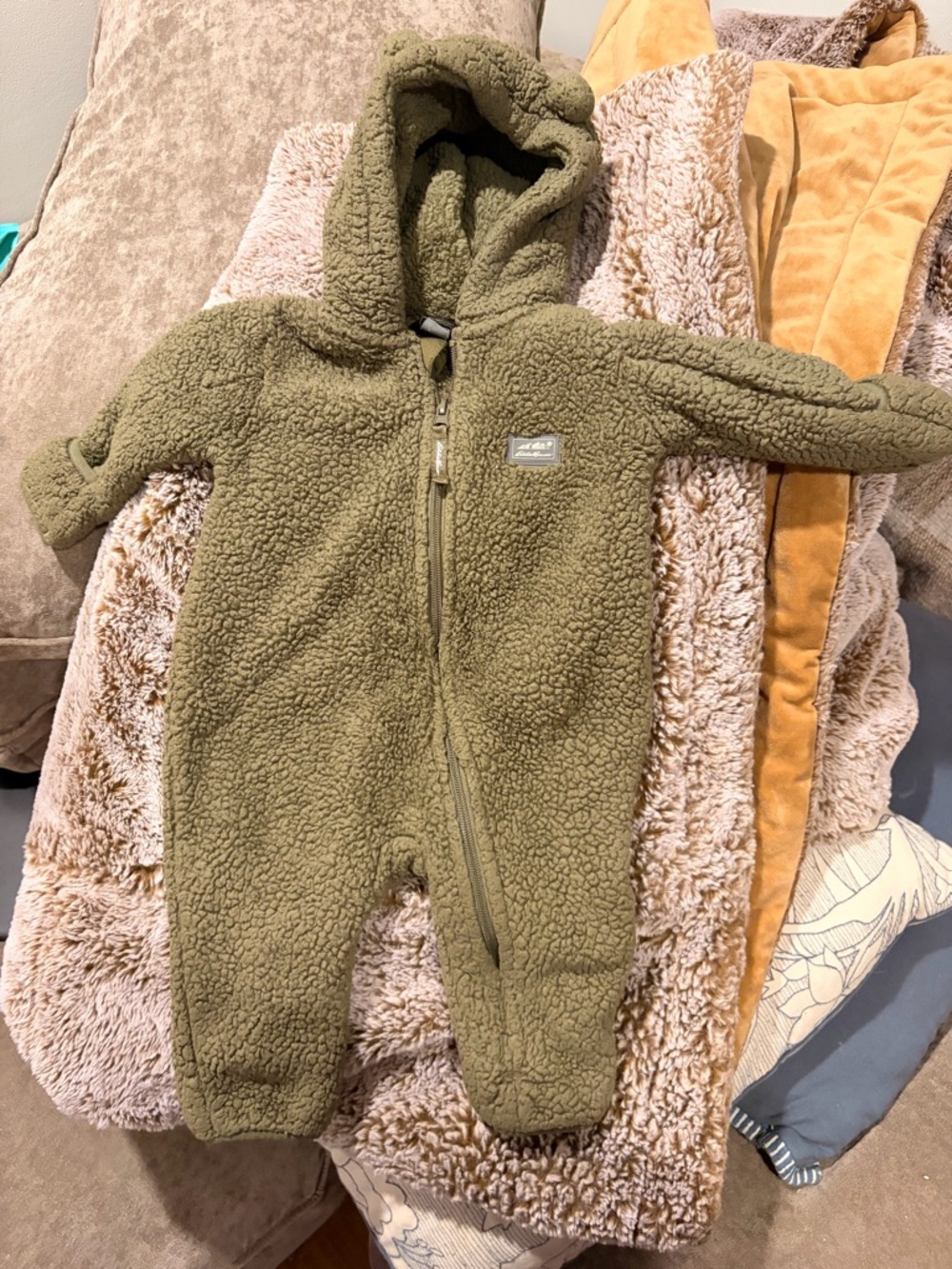Eddie Bauer Cozy Olive Green Sherpa Hooded One-Piece for Kids